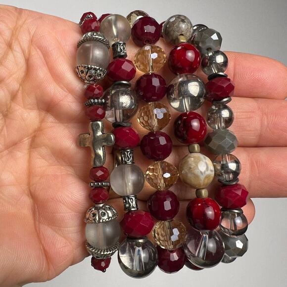 Handmade Beaded Bracelet Set of 5 Deep Red Smoky Gray Silver Tone with Crosses - Picture 3 of 6